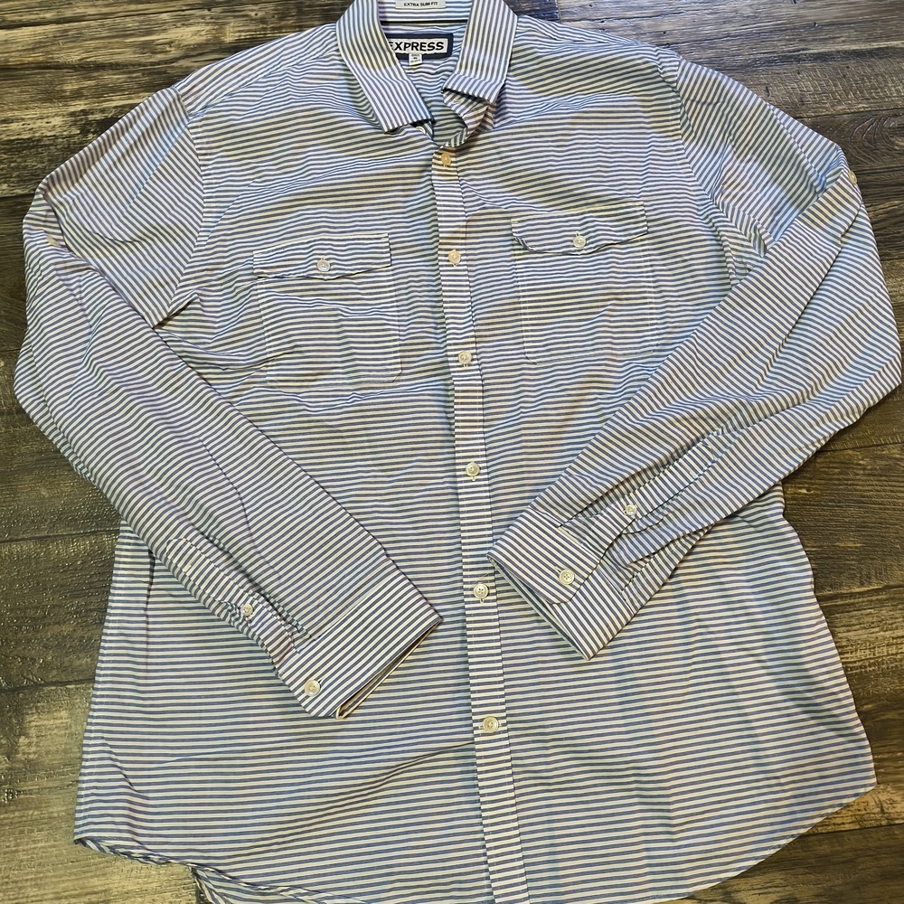 Express Women's Casual Blue and White Striped Shirt